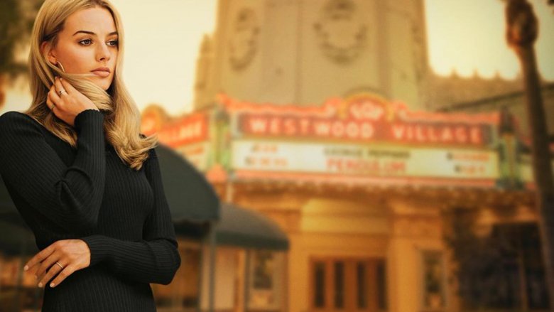 Sharon Tate in front of a movie theater