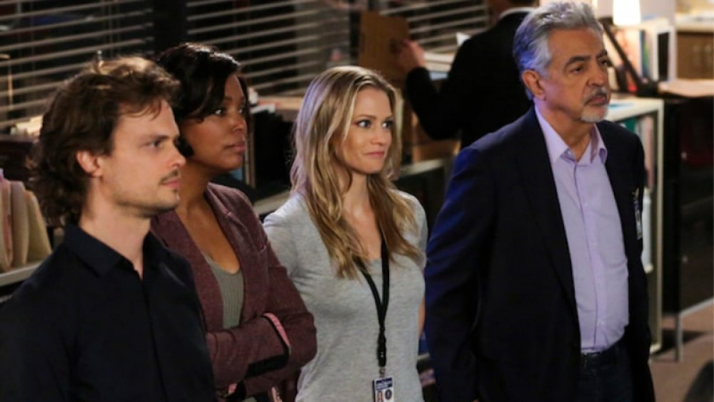 Matthew Gray Gubler, Aisha Tyler, AJ Cook, and Joe Mantenga as Agents Reid, Lewis, Jareau, and Rossi