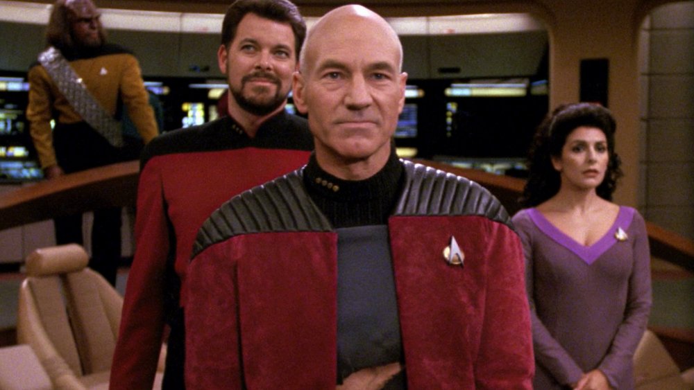 Michael Dorn, Jonathan Frakes, Patrick Stewart, and Marina Sirtis in Star Trek: The Next Generation