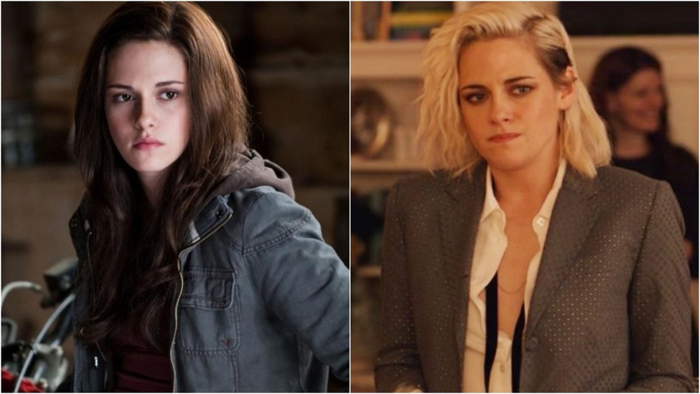 Kristen Stewart in Twilight (L) and Happiest Season (R)